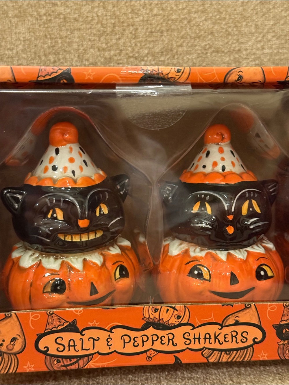 Johanna Parker Cat Pumpkin Ceramic Salt Pepper Shakers New Vintage Halloween